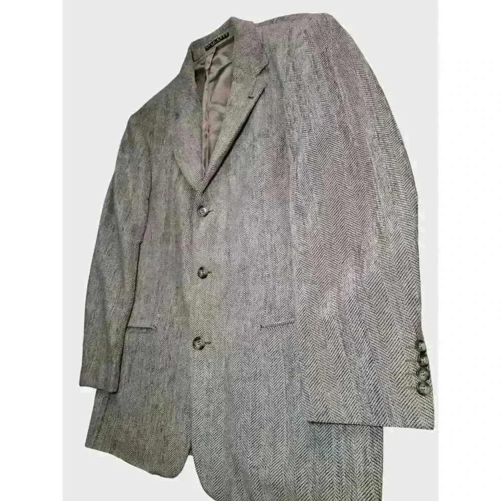 Hugo Boss Blazer Men's 40R Gray Brown Chevron Wool Sports Coat Jacket Made USA